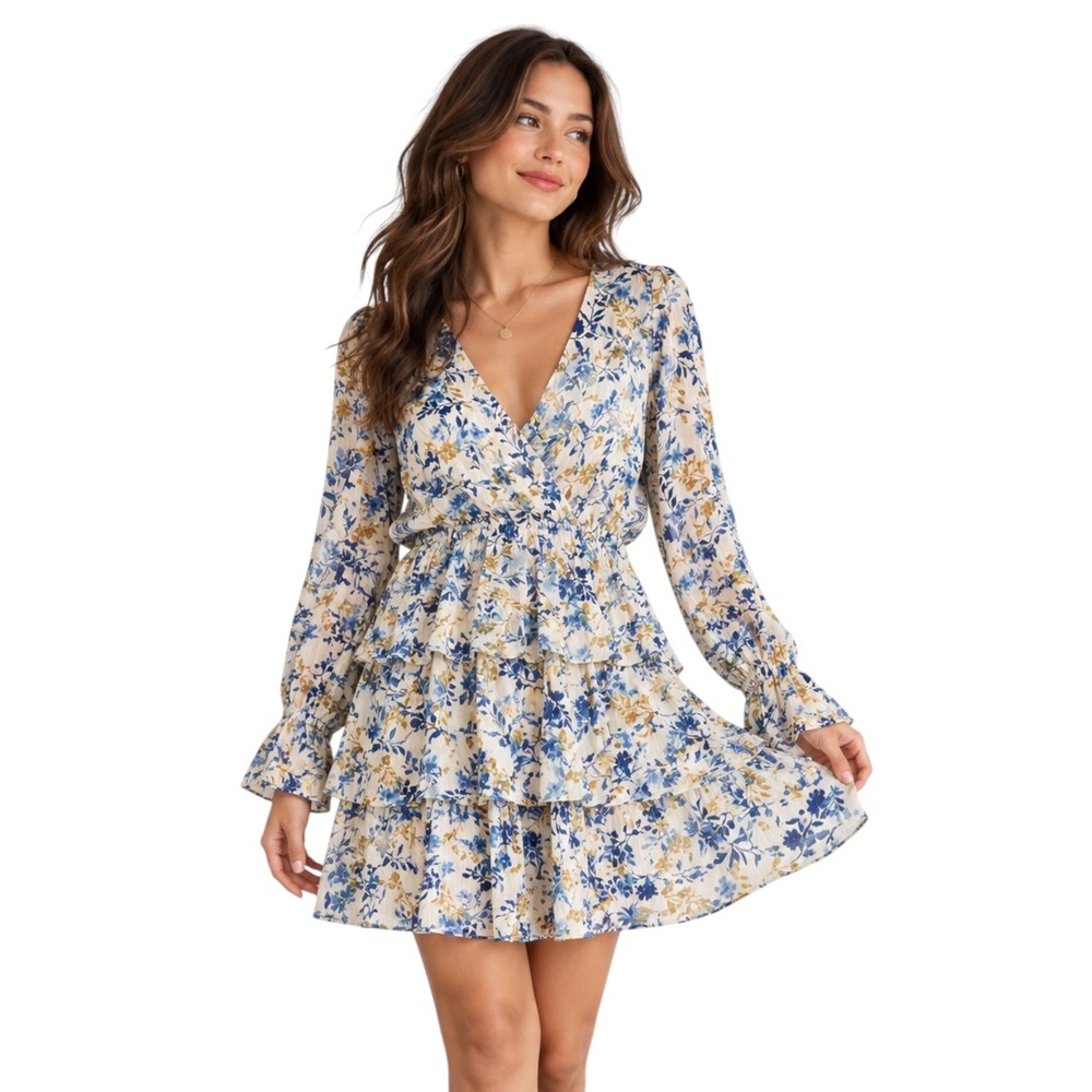Sadie & Sage Floral Tiered Mini Dress Small Ivory Blue Long Sleeve Boho Ruffle